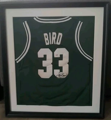 Framed Autographed/Signed Larry Bird 26x29 Boston Green Jersey PSA/DNA COA - Image 1 of 3