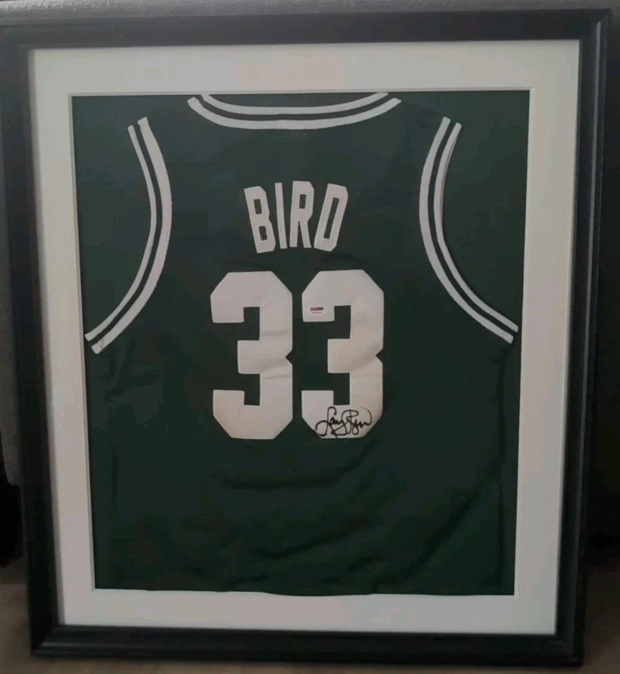 Framed Autographed/Signed Larry Bird 26x29 Boston Green Jersey PSA/DNA COA - Image 1 of 3