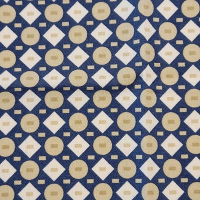 Cotton Fabric Navy Tan Geometric Circles Diamonds 18" x 43" Richloom MMX - Image 1 of 4