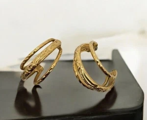 Vintage Triple Hoop Gold Tone Earrings Textured Design Elegant Fashion Jewelry - Picture 1 of 7