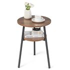 Round Side Table Wooden 2-Tier Sofa End Beside Accent Table W/ Storage Shelf
