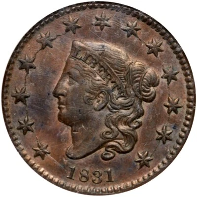 1831 N-12 R-1 NGC AU 58 CAC Matron or Coronet Head Large Cent Coin 1c - Image 1 of 4