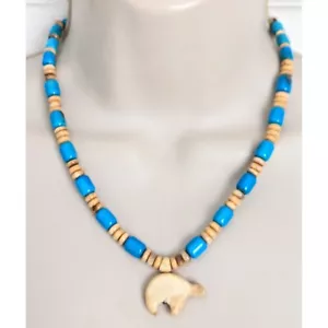 NAVAJO LYLE PIASO 925 Kingman Turquoise Bone Amethyst Beaded Bear Necklace 20" - Picture 1 of 15