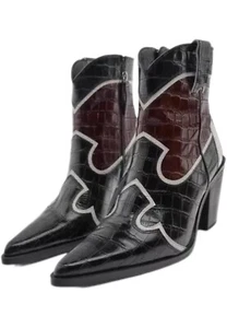 Zara Leather Heeled Cowboy Ankle Boots Black Multicolored Women Size US 6.5 - Picture 1 of 16