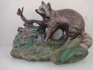 10" Hand Painted Ceramic Raccoon On Wooden Truck with a butterfly Atlantic Mold - Picture 1 of 12