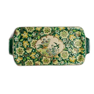 Vintage Emaux De Longwy A La Main France Rehaussè Cake Tray Plate Green 1930s - Picture 1 of 9