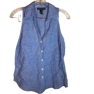 Inc linen sleeveless top women 4 blue button front V-neck collar summer casual - Picture 1 of 11