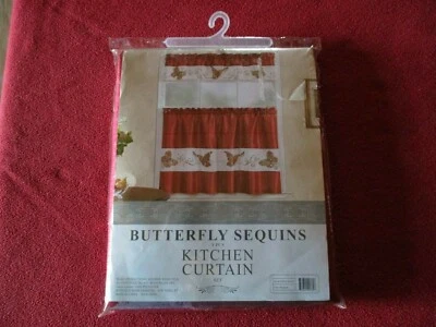 Juego de Cortinas de Cocina 3 Piezas Lentejuelas Mariposa, Nuevo Foto 1 de 2