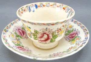 British Hand Colored Bird Pink Rose & Floral Bone China Tea Bowl & Saucer 1830 - Picture 1 of 12