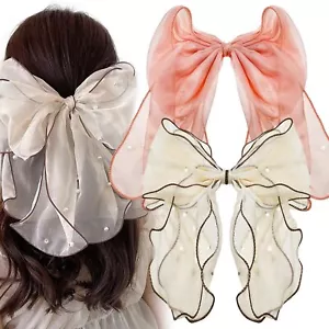 2 PACK Chiffon Bow Hair Clips Bowknot Pearl Barrettes Snap Hair Clasps Tulle ... - Picture 1 of 7