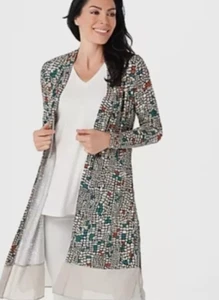 LOGO LORI GOLDSTEIN M "Leticia" Mosaic Print Open Front Cardigan Duster Pockets - Picture 1 of 12