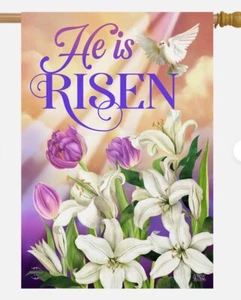 #78 HE IS RISEN GIGLIES BANDIERA CASA DI PASQUA RELIGIOSA 28X40 STRISCIONE SPEDIZIONE GRATUITA - Foto 1 di 1