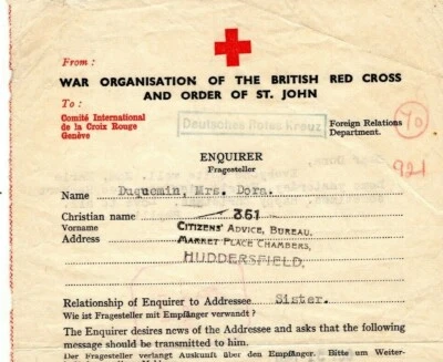 GB Channel Islands WW2 RED CROSS Message Castel GUERNSEY Huddersfield 1941 MAX69 - Image 1 of 4