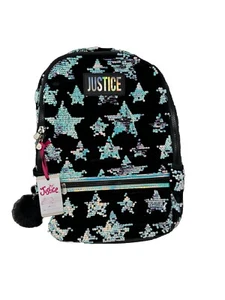 Justice Girls 17" Laptop Backpack with Pom Key Chain, Black Sequin Stars New - Picture 1 of 2