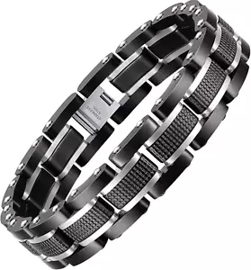 Stilvolles zweifarbiges quadratisches Herren-Gliederarmband aus Edelstahl in Schwarz & Blau - Bild 1 von 12