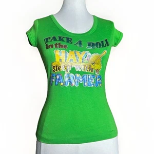 Vintage 70s Farmers Iron-On Shirt Women’s XS Baby Tee Green Glitter Joke - Picture 1 of 10