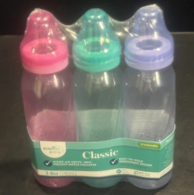 Evenflo Classic Type Micro Air Vent Easy To Hold Baby Bottles 3 Pack New 8 Ounce - Image 1 of 4