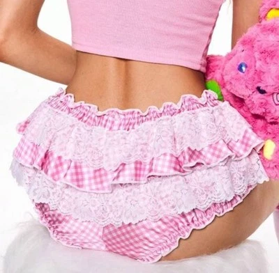 Bragas suaves satinadas rosa y blanco a cuadros con encaje en capas NUEVAS XL lazo grande Foto 1 de 3