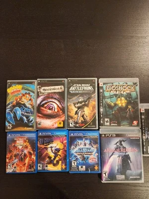 PS Vita/PS3/PSP 9 game lot Sly Cooper 4, Manhunt, Bioshock, Marvel vs Capcom 3 - Image 1 of 2