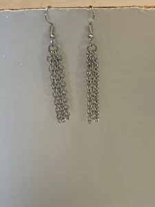 Silvertone Chain Tassel Pierced Earrings Dangle Flow Long Metal Hook - Picture 1 of 4