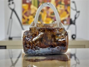 VTG Murano Style Hand Blown Glass Handbag Purse Vase in Brown Irridescent Woodgr - Picture 1 of 11