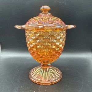 Imperial Glass Basket Weave Marigold Carnival Glass Covered Footed Candy Dish - Picture 1 of 5