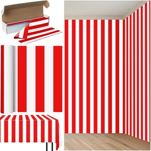 Red and White Striped Tablecloth Roll 54 Inch x 100 Ft, Carnival Circus Plast... - Picture 1 of 8
