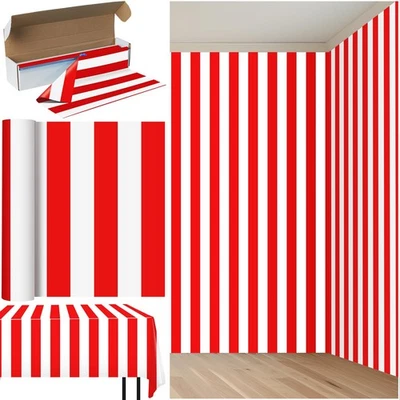 Red and White Striped Tablecloth Roll 54 Inch x 100 Ft, Carnival Circus Plast... - Image 1 of 4