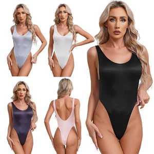 Womens Sexy Bodysuit Sheer Mesh Swimsuit Glossy Tank Top Teddy Nightwear Leotard - Picture 1 of 63