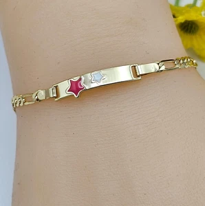 Precioso brazalete Figaro chapado en oro 14K. Placa de identificación de estrellas. Niña L. de 5,7 pulgadas - Imagen 1 de 4