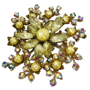 Vintage Aurora Borealis Faux Pearl Austrian Crystal Brooch Yellow Flower - Picture 1 of 10