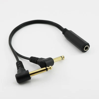 Gold 6.35mm Female to 2x 6.35mm Male Right Angle Mono Audio Adapter Cable 1FT - Image 1 of 4