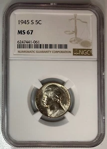 1945-S Jefferson Silver War Nickel, NGC MS-67, Very High Grade! - Picture 1 of 2