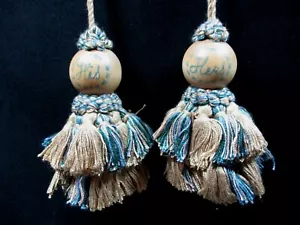 His & Hers Blue/Tan Wood Top LeBain 4" Tassels/Tiebacks/Drapery/Curtain - Picture 1 of 7