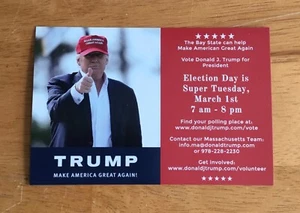 Tarjeta recordatoria de votante primario republicano Donald Trump 2016 Massachusetts rara - Imagen 1 de 2