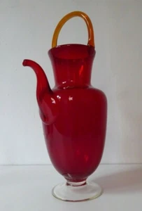 RARE LARGE RED EMPOLI AVEM MURANO DECANTER PITCHER ART GLASS MID CENTURY HANDLE - Picture 1 of 6