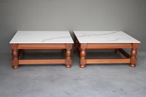 Large Mid Century marble ceramic tile top coffee table solid wood base 1 of 2 - Picture 1 of 12