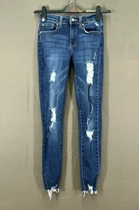 Pantalones de mezclilla ajustados KANCAN azul DESTRUIDO ELÁSTICO tiro medio dobladillo deshilachado talla 3/25 - Imagen 1 de 5