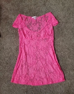Victoria's Secret 2003 Vintage Y2K Hot Pink Lace Micromesh Babydoll Top Sz Med - Picture 1 of 4