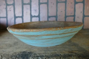 Antique wood dough bowl blue paint 13 inch artist signed Noyes 1880 - Picture 1 of 5