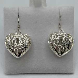 Sterling Silver 925 Filigree Heart Scroll Cutout Dangle Earrings - Picture 1 of 6