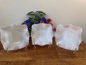 Vintage Milk Glass Bowls Set Iridescent Ruffled Sawtooth Edge Pastel Blue Pink - Picture 1 of 7
