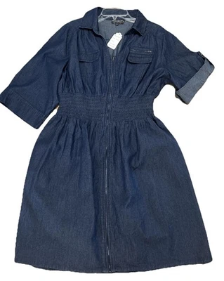 J Gee Size 2XL NEW Blue Denim Fit & Flair Dress Elastic Roll-tab Sleeve Western - Image 1 of 4