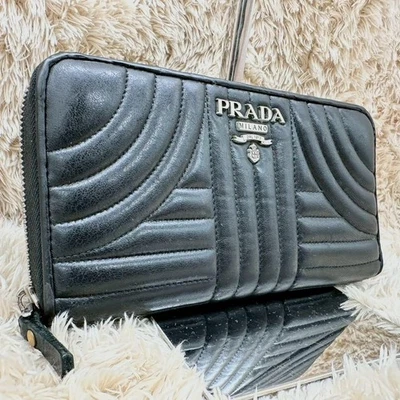 PRADA Long Wallet Round Zipper Saffiano Leather Silver Logo Black Authentic - Image 1 of 4