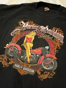 Vintage Harley Davidson Pin Up Double Sided T Shirt Size 2XL Frontier 2017 - Picture 1 of 7