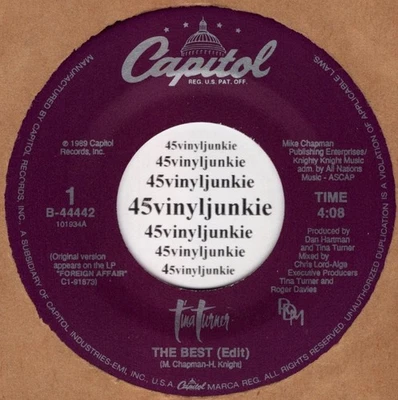 Tina Turner NM 45 rpm "The Best" on Capitol Records - Image 1 of 2