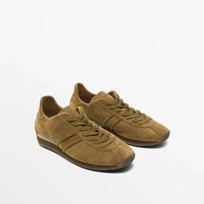 Massimo Dutti Women's Leather Sneakers Vintage Caramel Suede Lace Up Comfort - Image 1 of 4