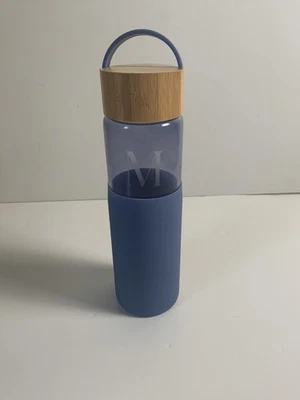 Anthropologie  Glass Monogram” M” Water Bottle, Silicone Sleeve, Bamboo Lid Blue - Image 1 of 4