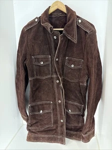 Giacca pelle scamosciata marrone anni 70 80 ranch fienile cappotto lavoro vintage 44R - Foto 1 di 5