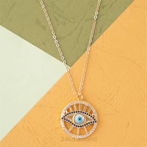 1.34 Ct 14K Yellow Gold Natural Diamond Blue Evil Eye Charm Pendant Necklaces - Picture 1 of 4